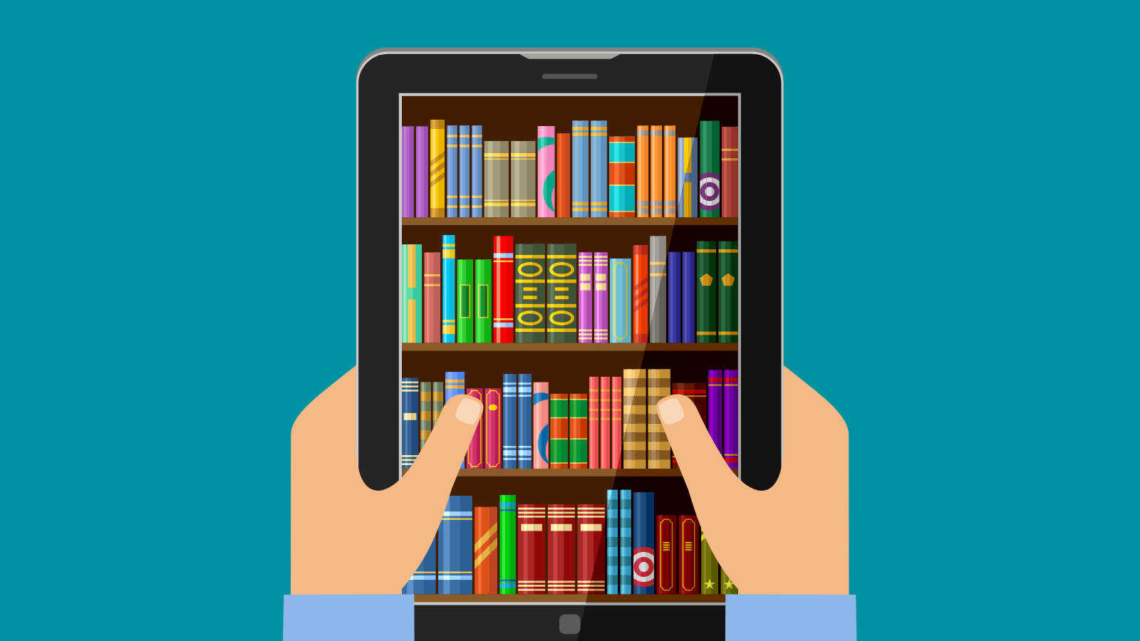 Illustration of a pair of hands holding a tablet computer displaying a bookcase with colourful book spines