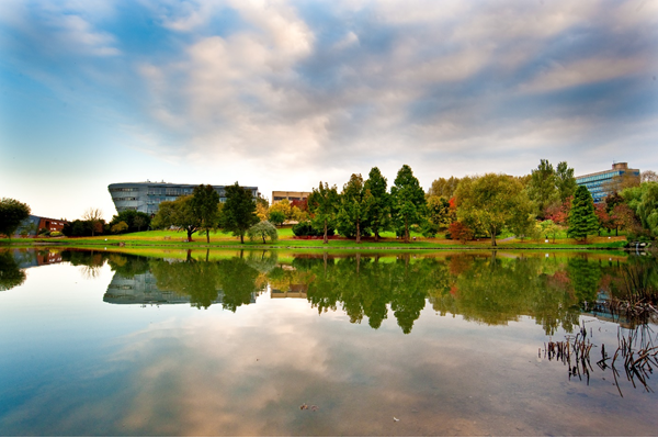 The Duke of Kent Building and the lake at Surrey